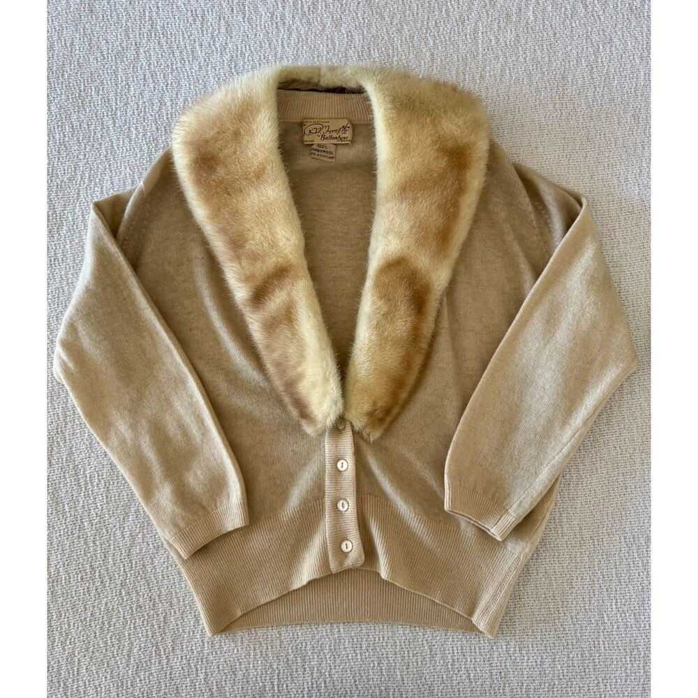 Ballantyne Cardigan Sweater M Beige Lambswool Real Mink Fur Collar Scotland FLAW